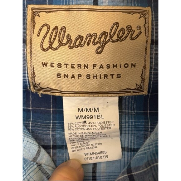 WRANGLER Plaid Pearl Snap Shirt Mens Medium Blue Western Cowboy Chest Pockets - Picture 3 of 10